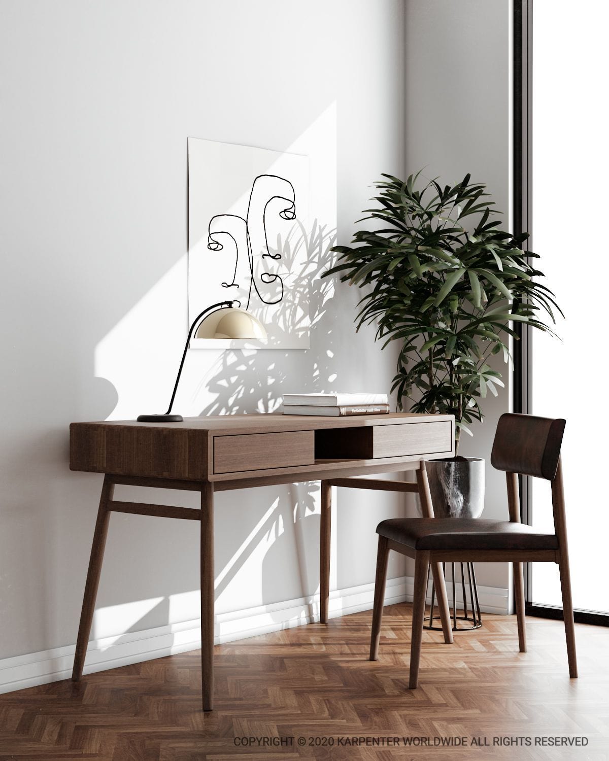 TwistDeska wooden desk with chair and decor