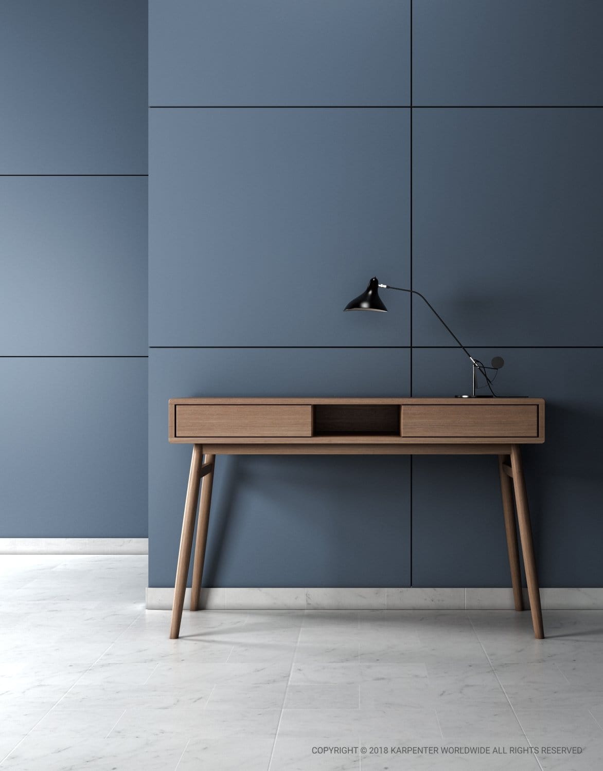 Modern wood desk with lamp against blue wall