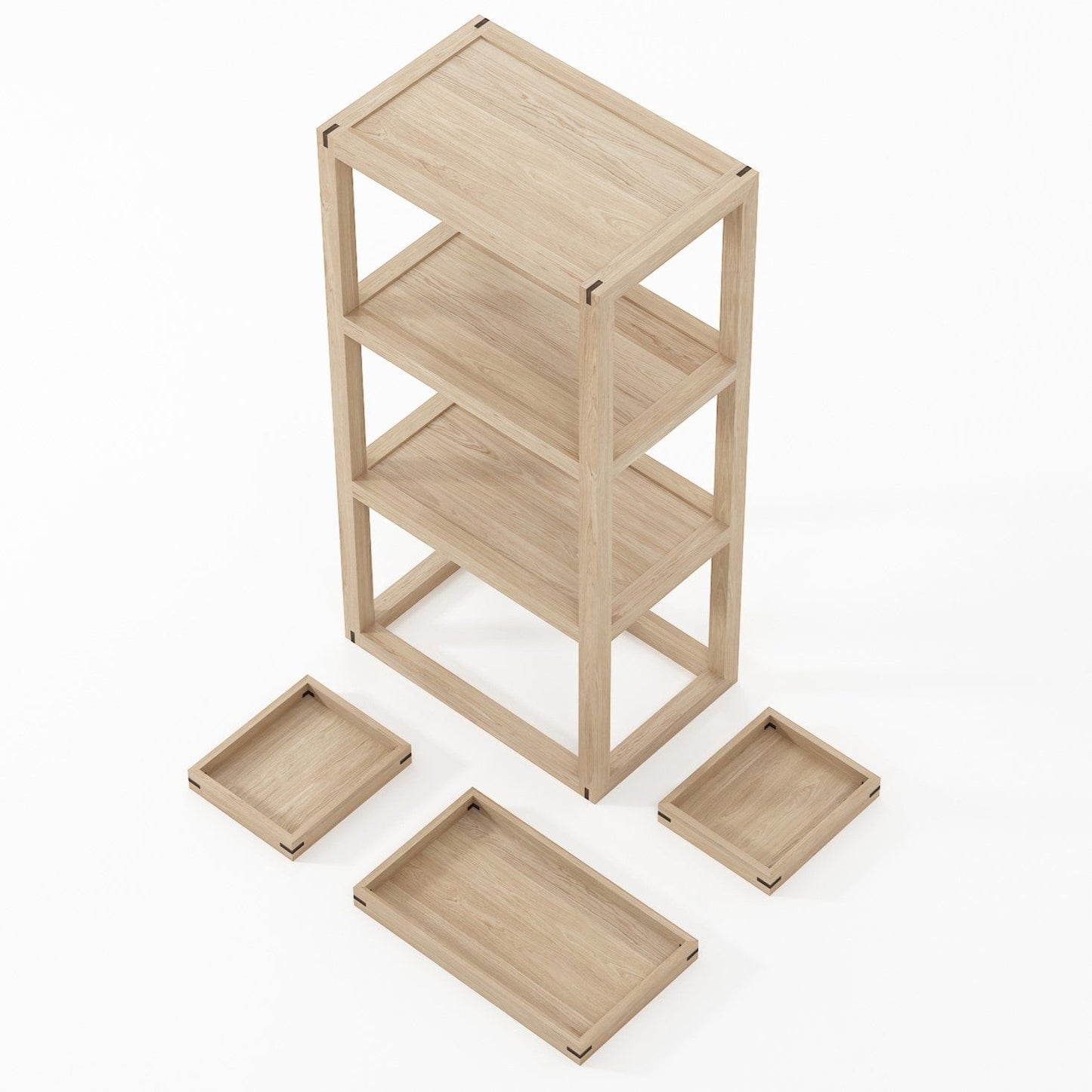 UD-O vertical wood rack with 4 shelves and trays
