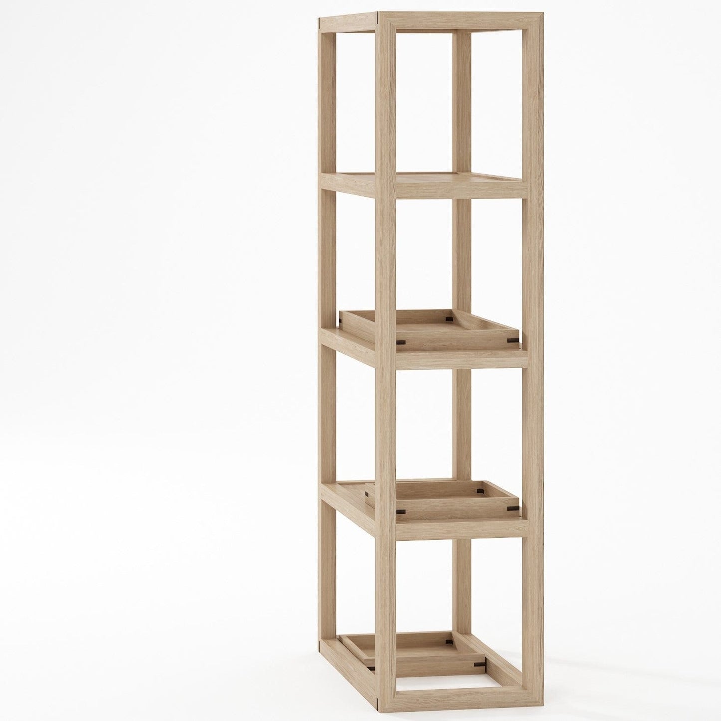 UD-O vertical rack 62x40x164d with four shelves, wood finish.