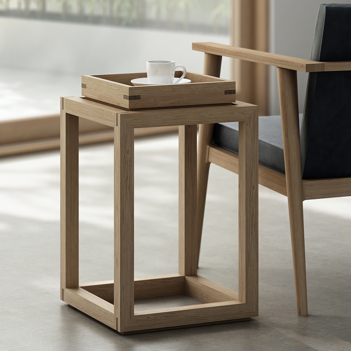White oak side table with tray