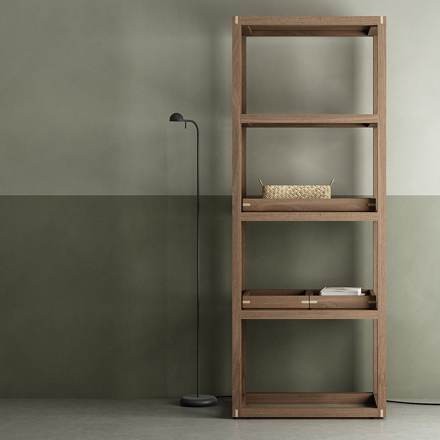Teakwood vertical rack with shelves and decor