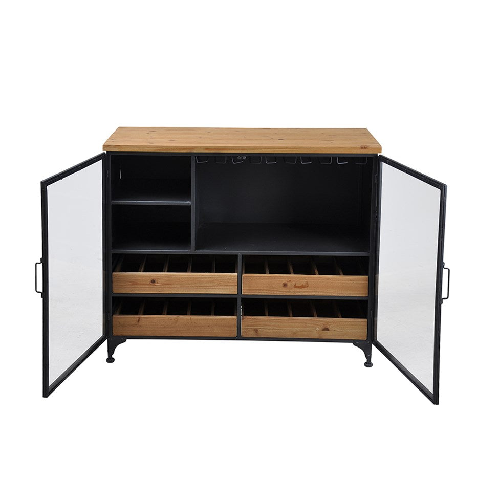 Rustic wood & metal bar cabinet with glass doors