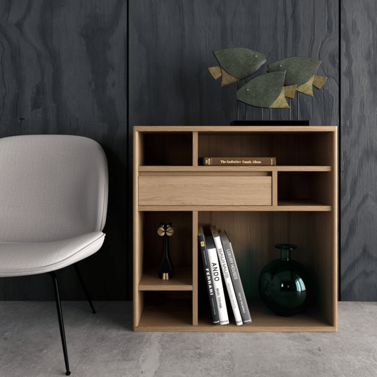 Wooden bookshelf with decor, background removed.