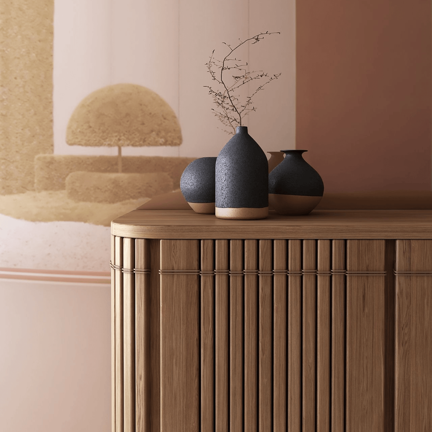 Modern wooden cabinet with vases, backgroundremover_30