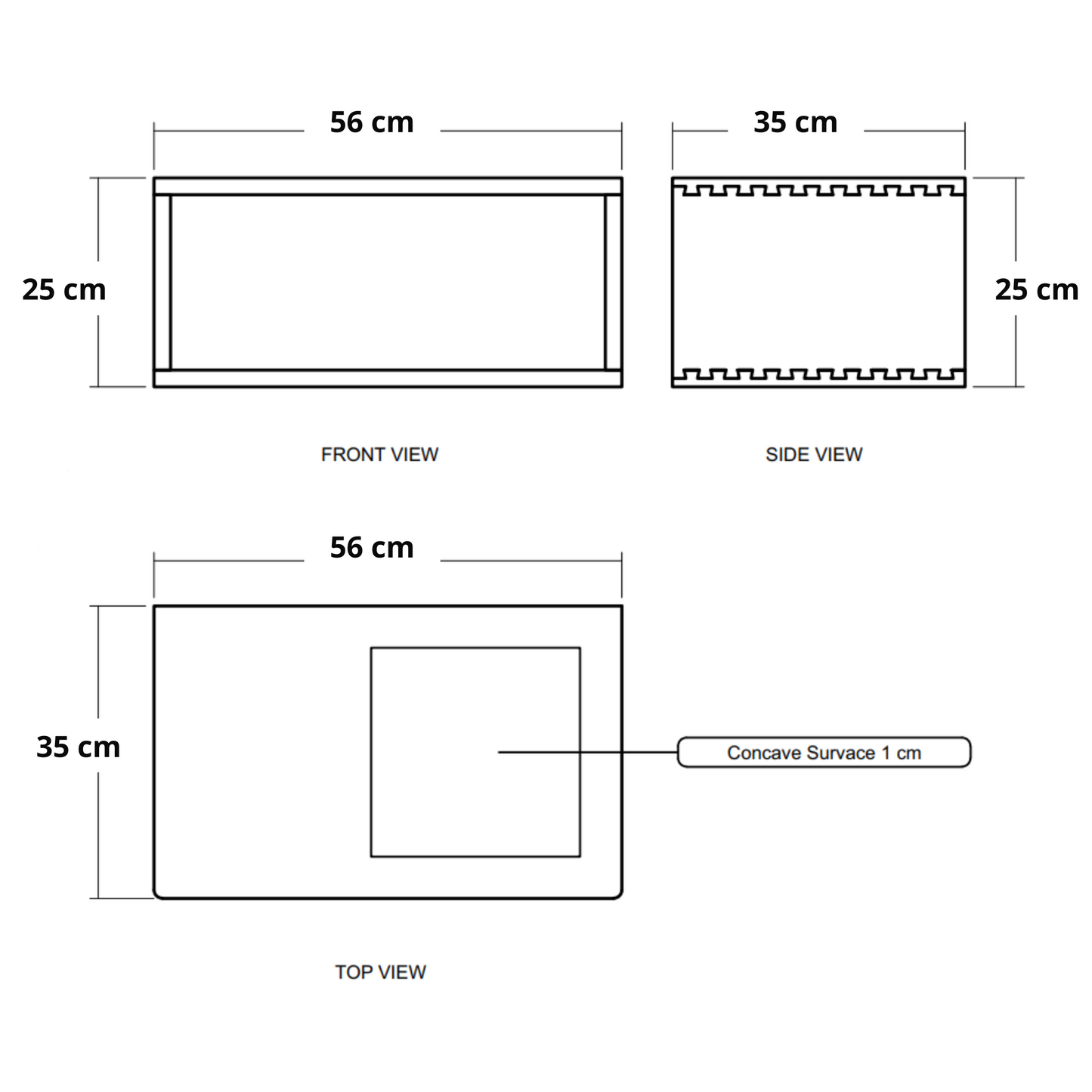 front, side, & top views with dimensions.