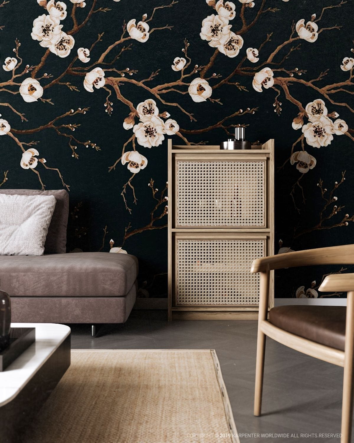 Roots Mini Bar with floral wallpaper