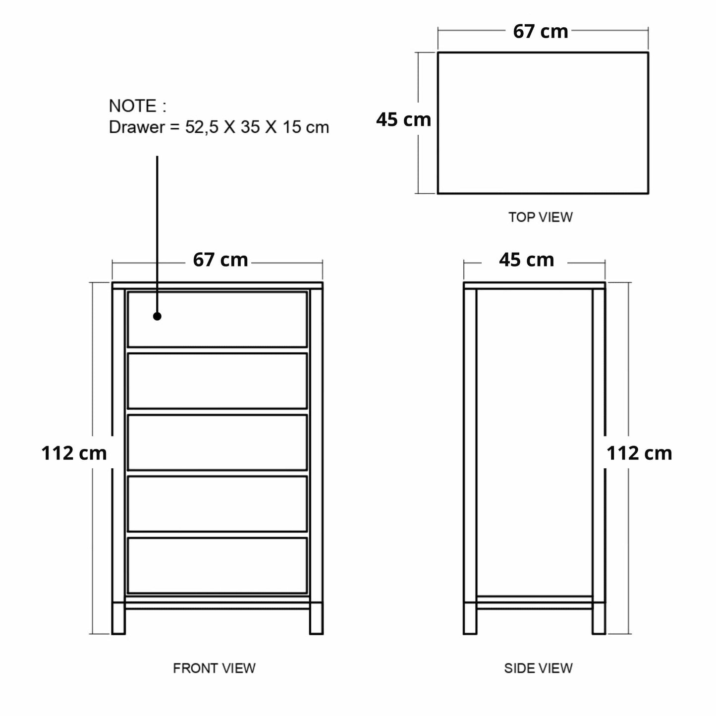 Solid KSD015 chest of drawers dimensions (67x45x112cm)