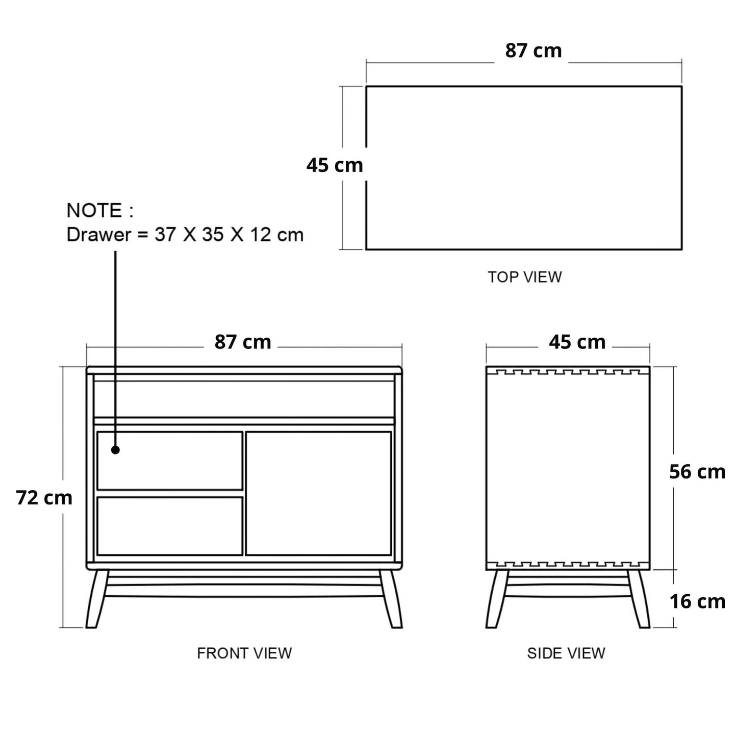 Furniture dimensions (87x45x72cm) with drawer details.