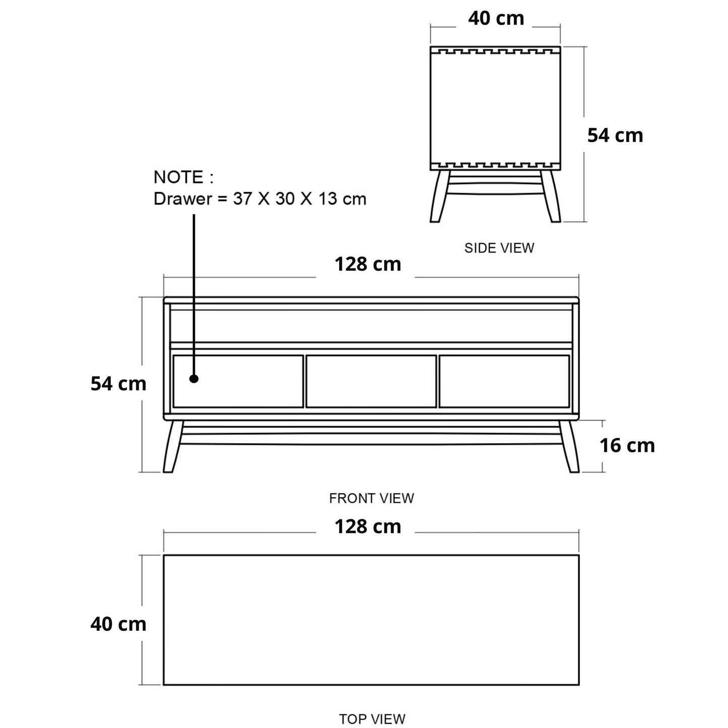 128cm wide TV stand, 54cm tall, side & top views.