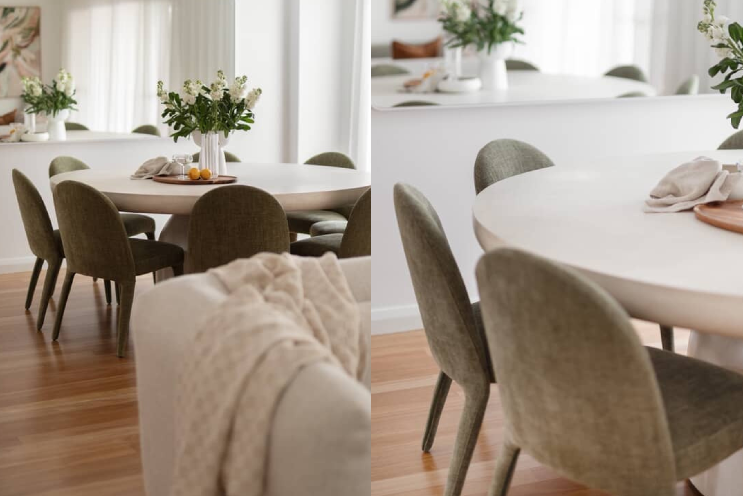 Elegant dining setup by Studio Frost with Wyatt Dining Chairs in Leaf Green upholstery and a white round pedestal table styled with florals.