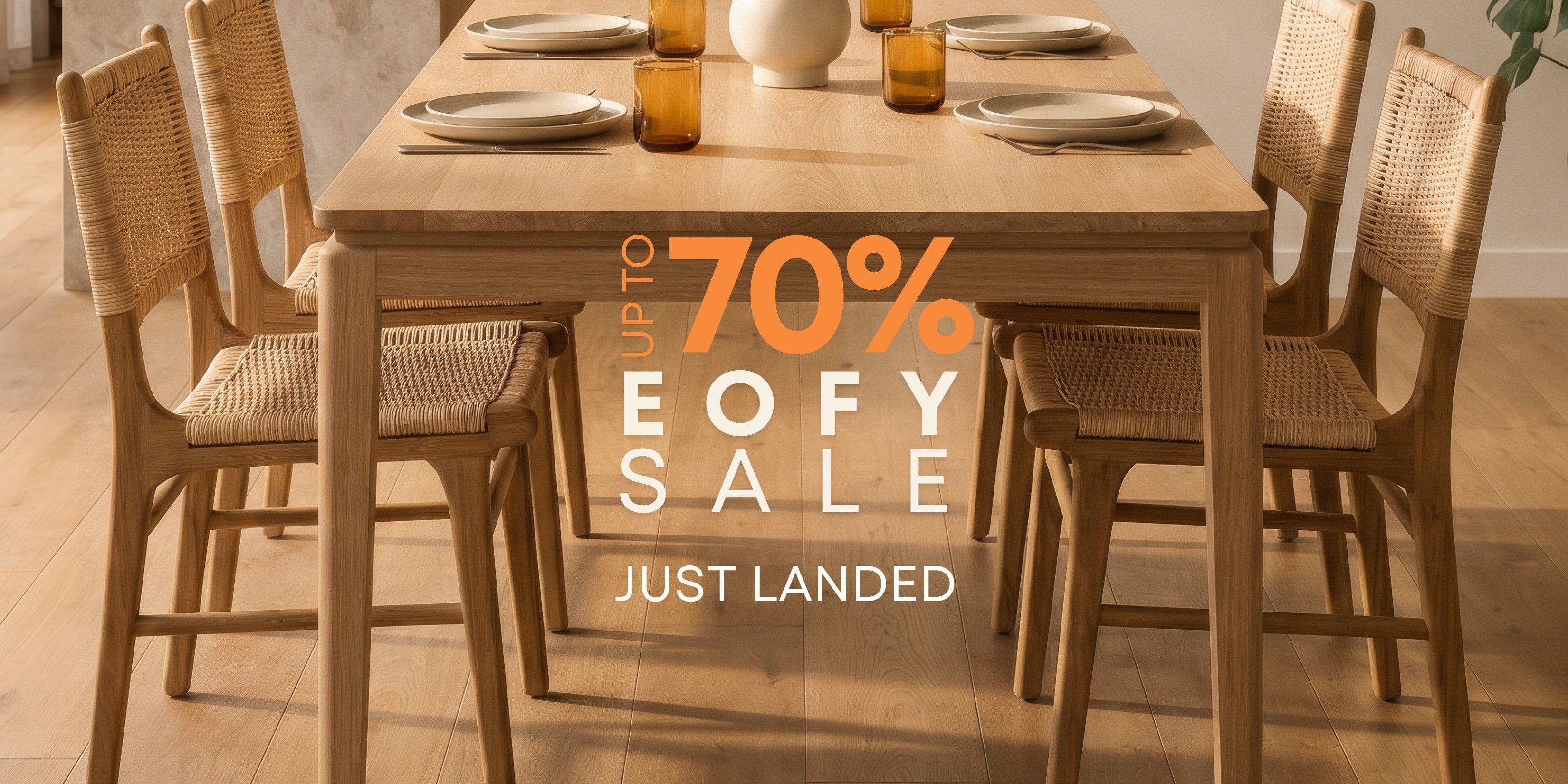 Twenty Twenty Rectangular Dining Table crafted from European oak paired with Husk Dining Chairs featuring woven paper cord seats, styled in a modern dining space with neutral décor, timber flooring, soft natural light and an EOFY Sale badge.