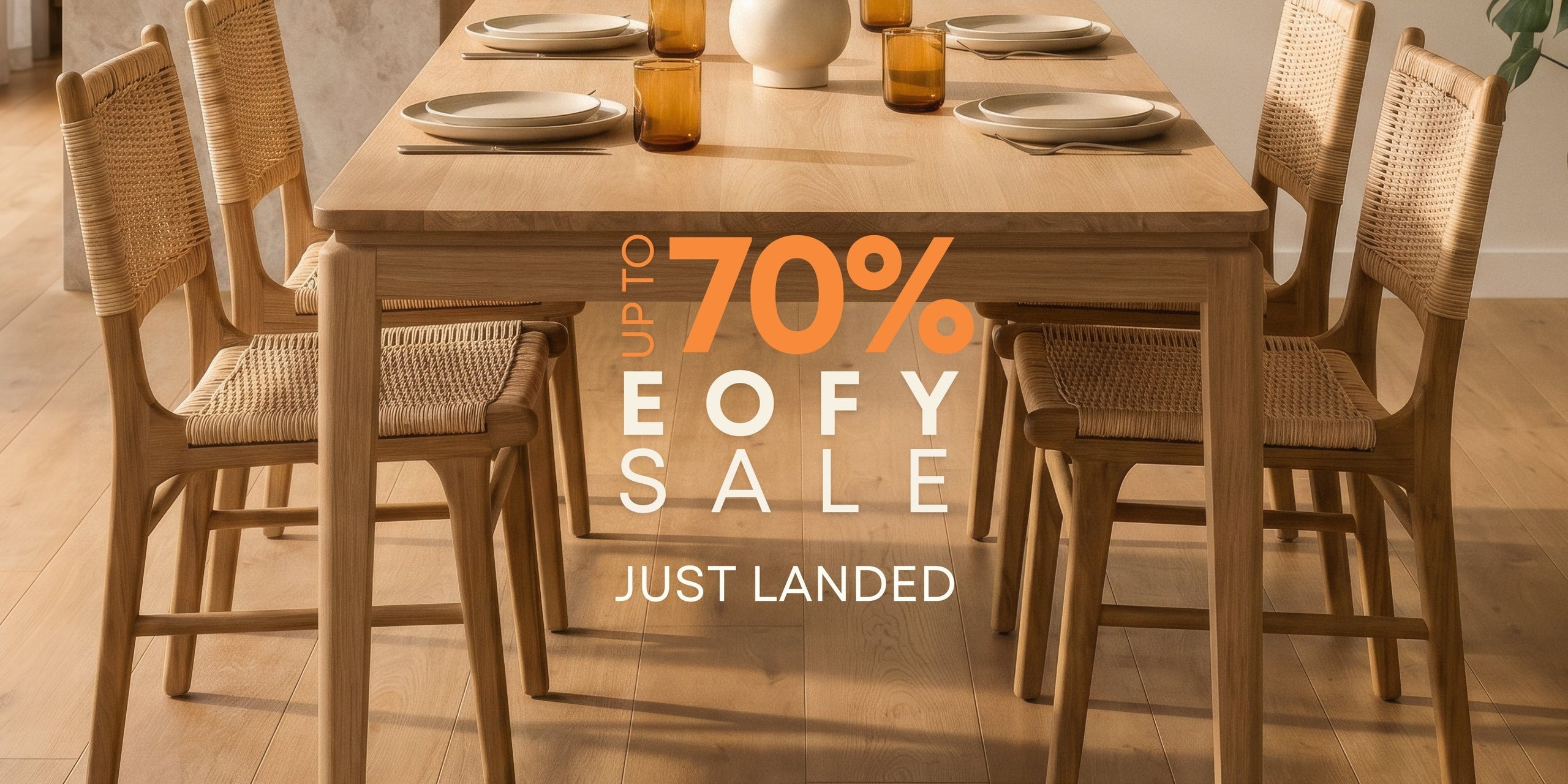 Twenty Twenty Rectangular Dining Table crafted from European oak paired with Husk Dining Chairs featuring woven paper cord seats, styled in a modern dining space with neutral décor, timber flooring, soft natural light and an EOFY Sale badge.