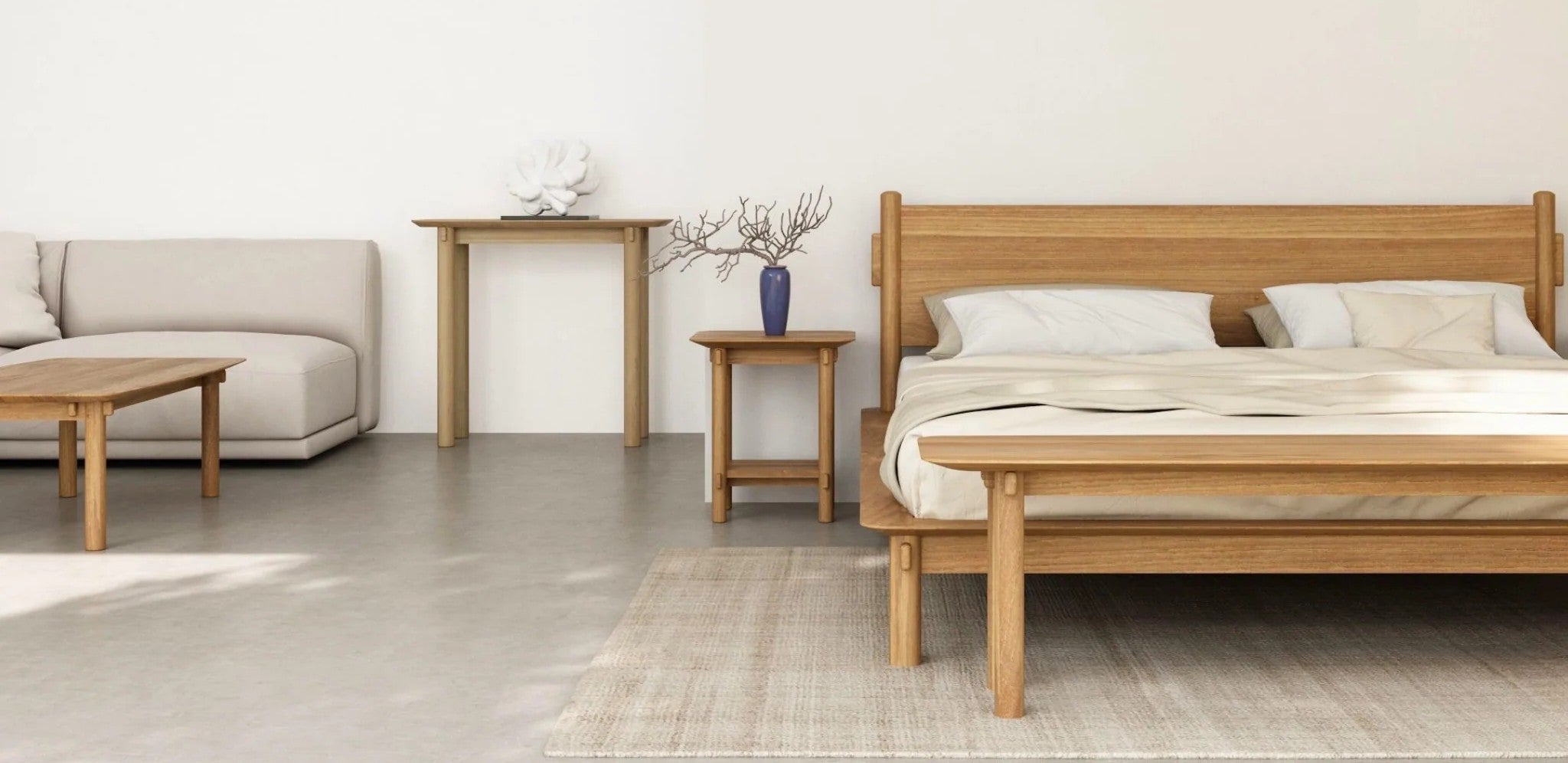 Tenon Bed, bedside table, sideboard, coffee table by Karpenter