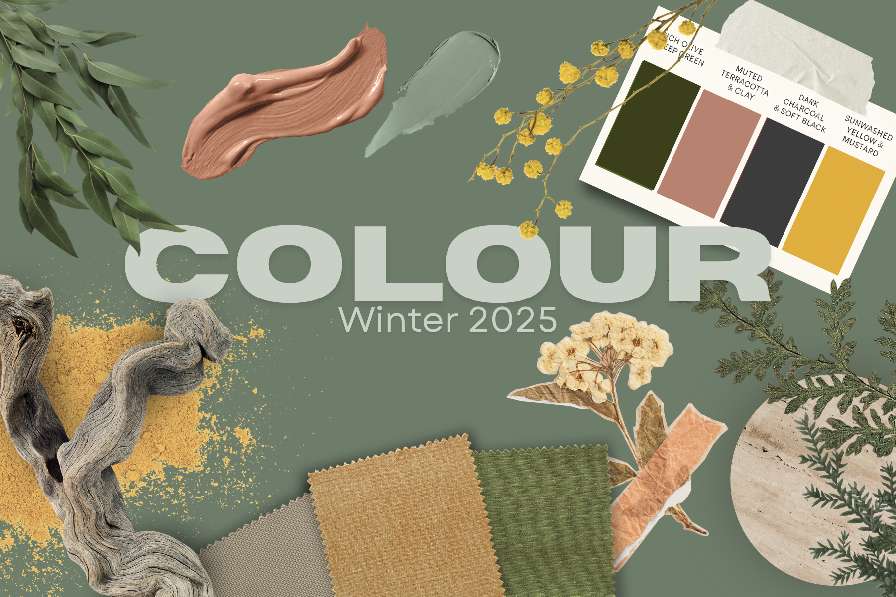 Winter 2025 interior colour trends overview – Deep Olive & Green, Terracotta & Clay, Dark Charcoal, and Sunwashed Mustard palettes with fabric swatches and décor ideas.