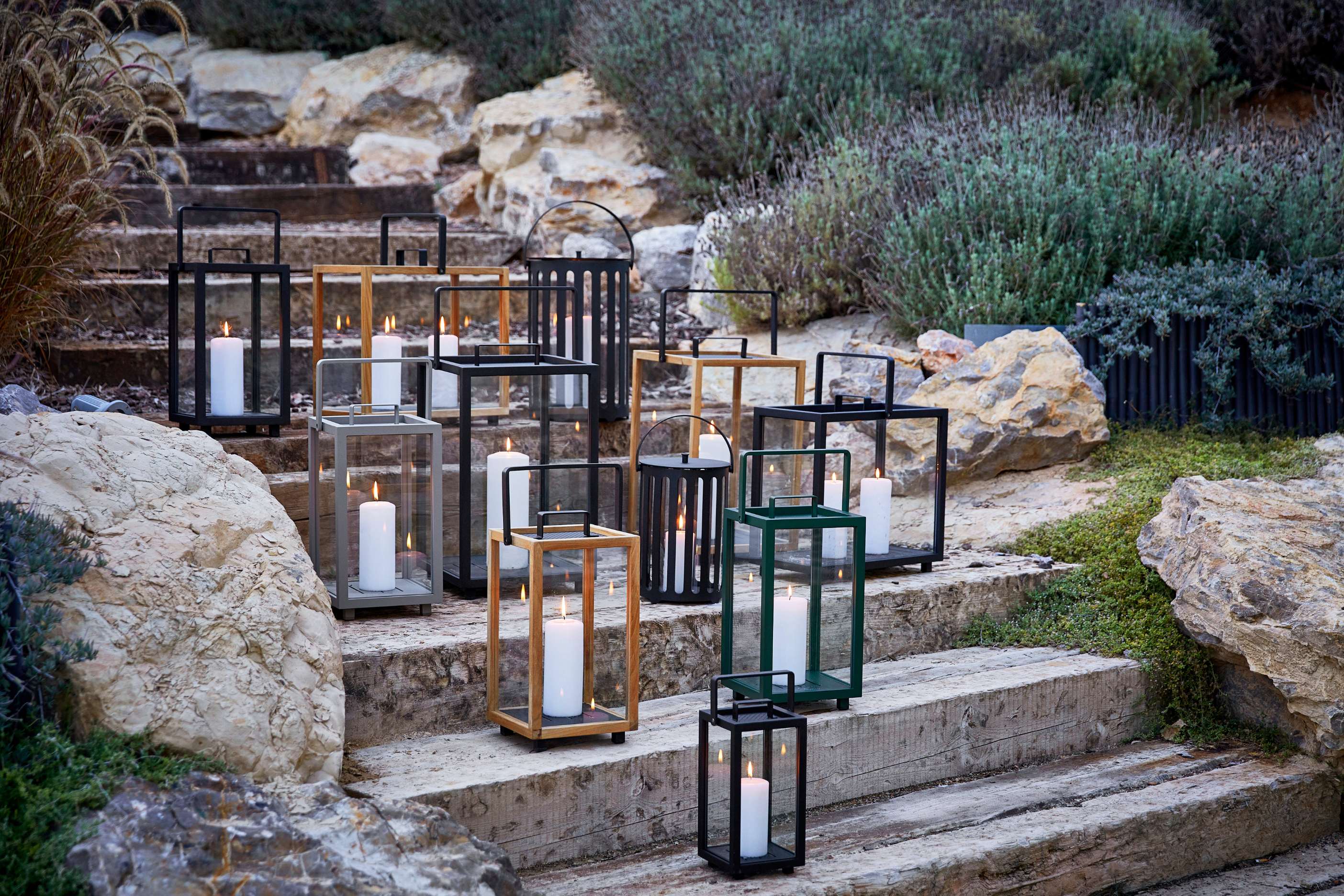 Lighthouse lanterns on stone steps
