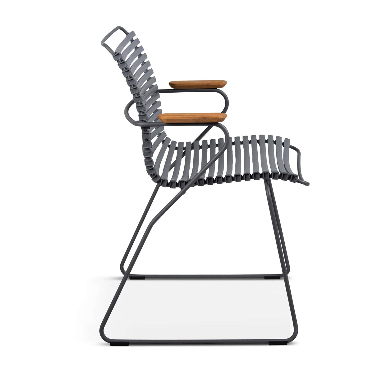 Gray metal chair with wooden armrests.