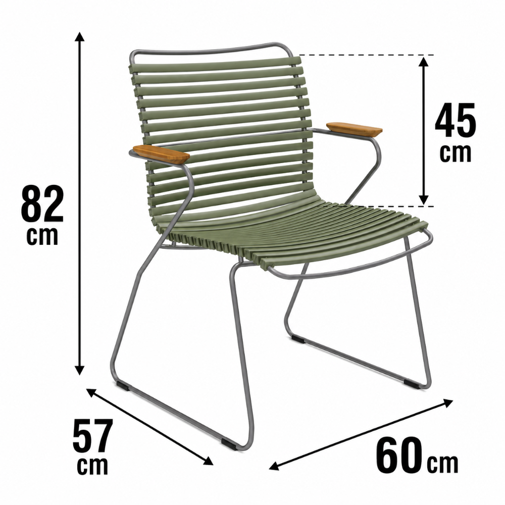 Green chair with dimensions labeled on a white background