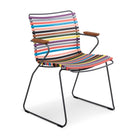 Colorful striped chair with black metal frame.