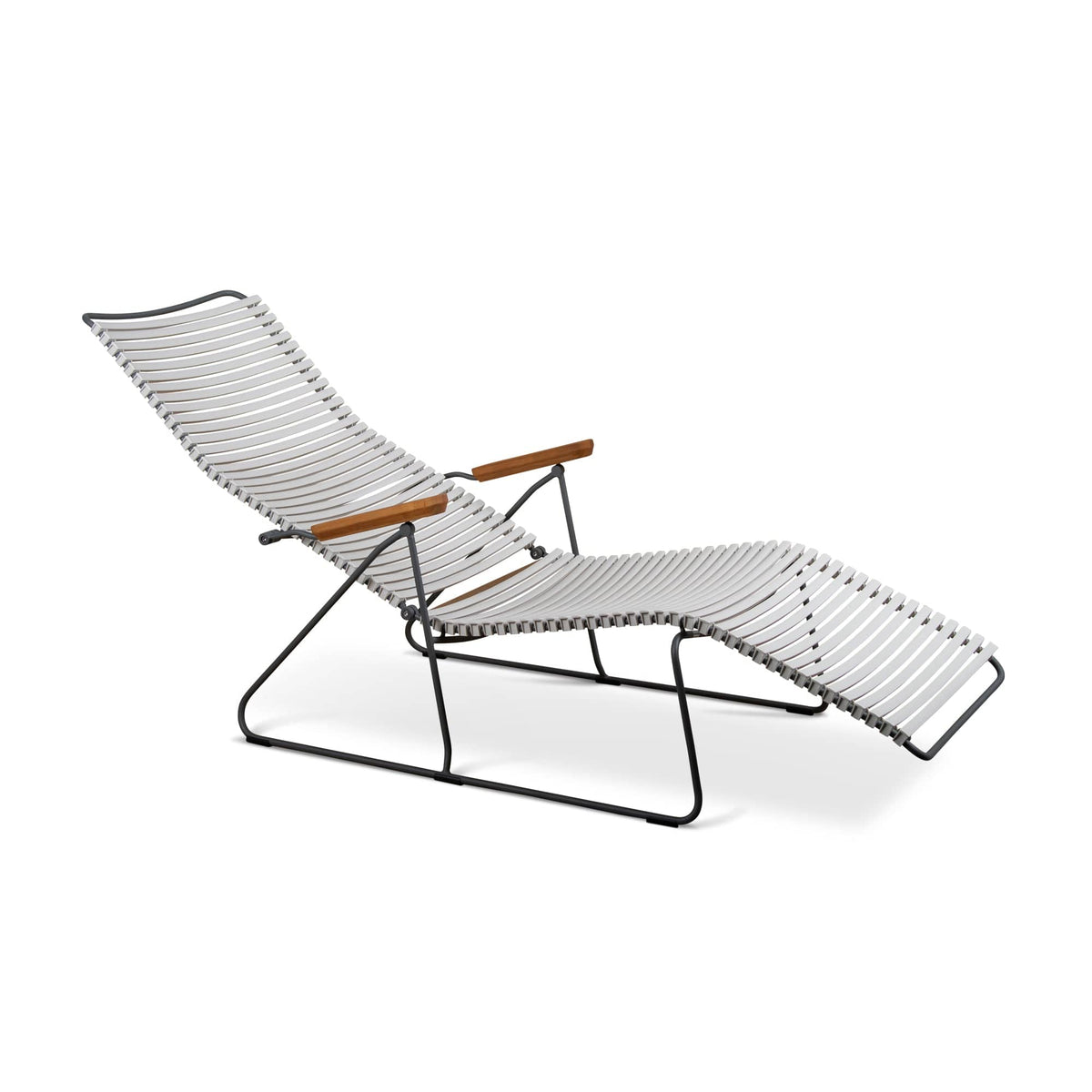 Lounge chair with gray seat and wooden armrests.