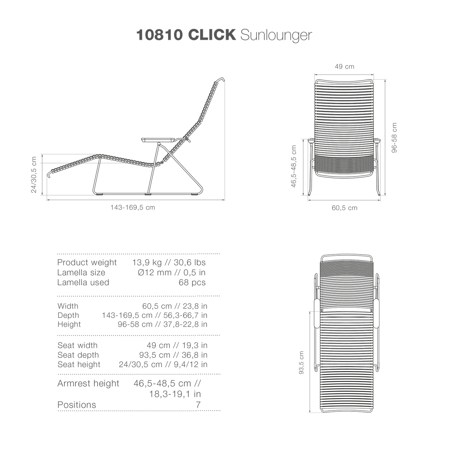 10810 CLICK Sunlounger dimensions and views