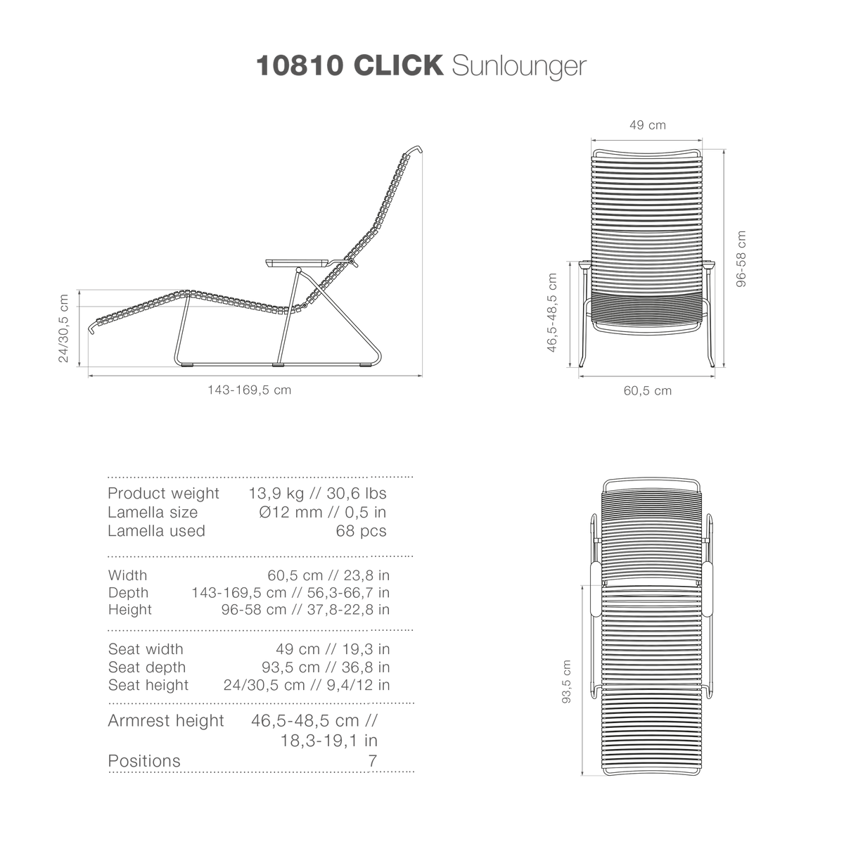 10810 CLICK Sunlounger dimensions and views