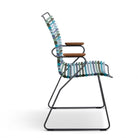Side view of a modern chair with colorful woven seat and back.