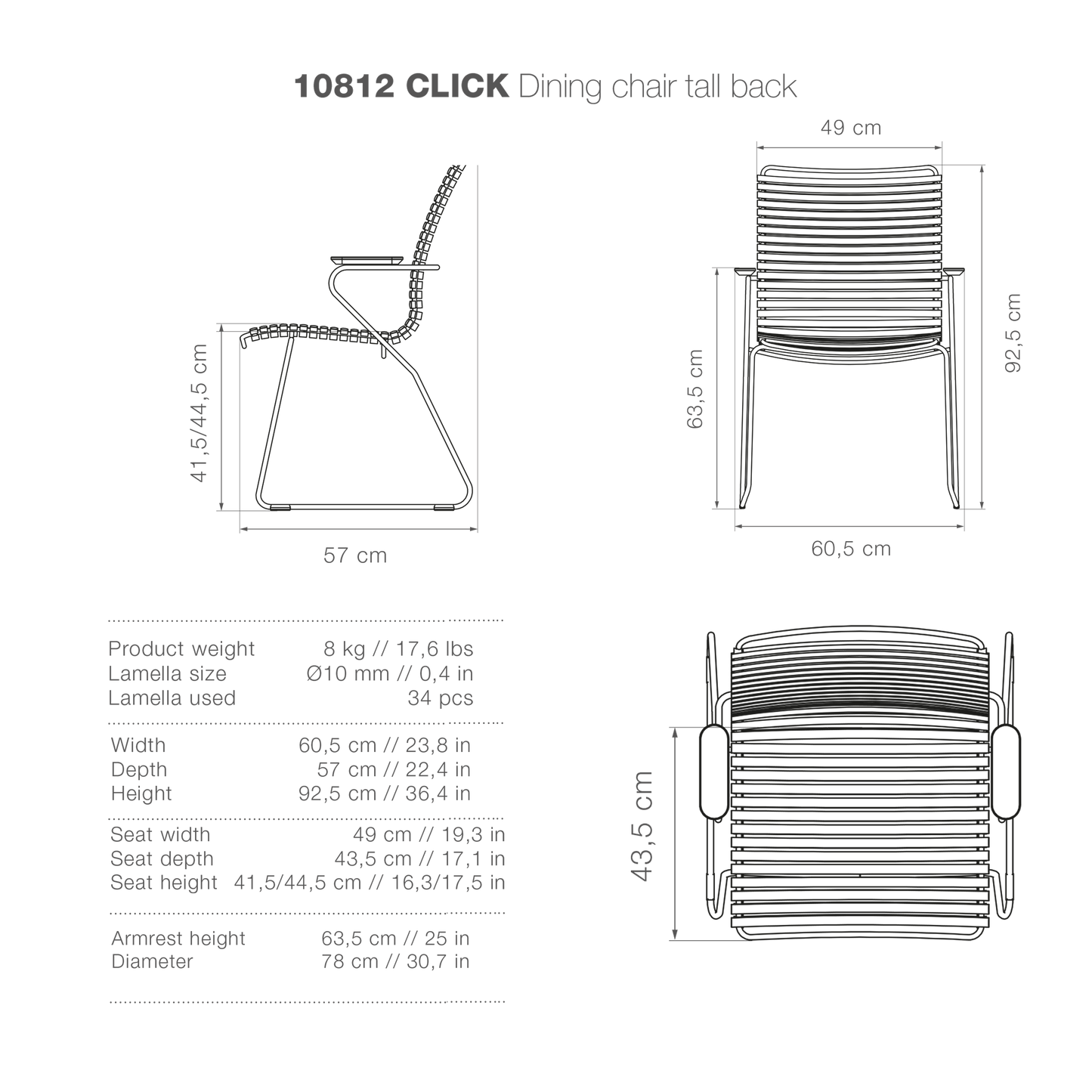 High-res drawing of tall-back dining chair.