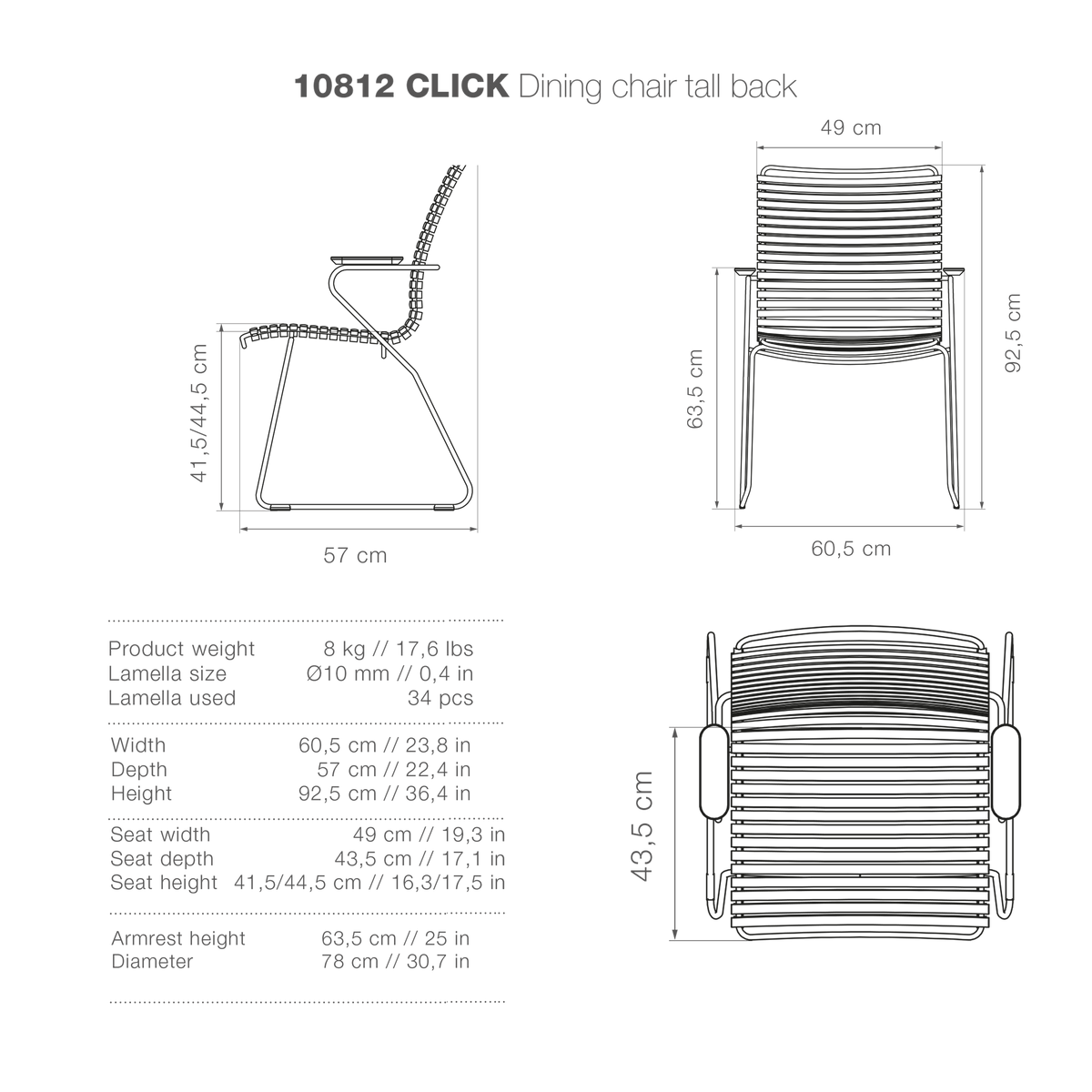 CLICK Dining chair tall back dimensions and specifications.