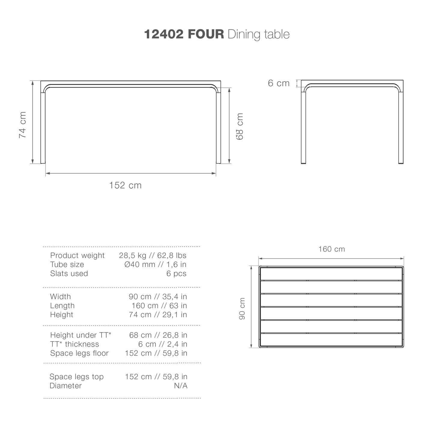 Four-person dining table, 90x160, high-res
