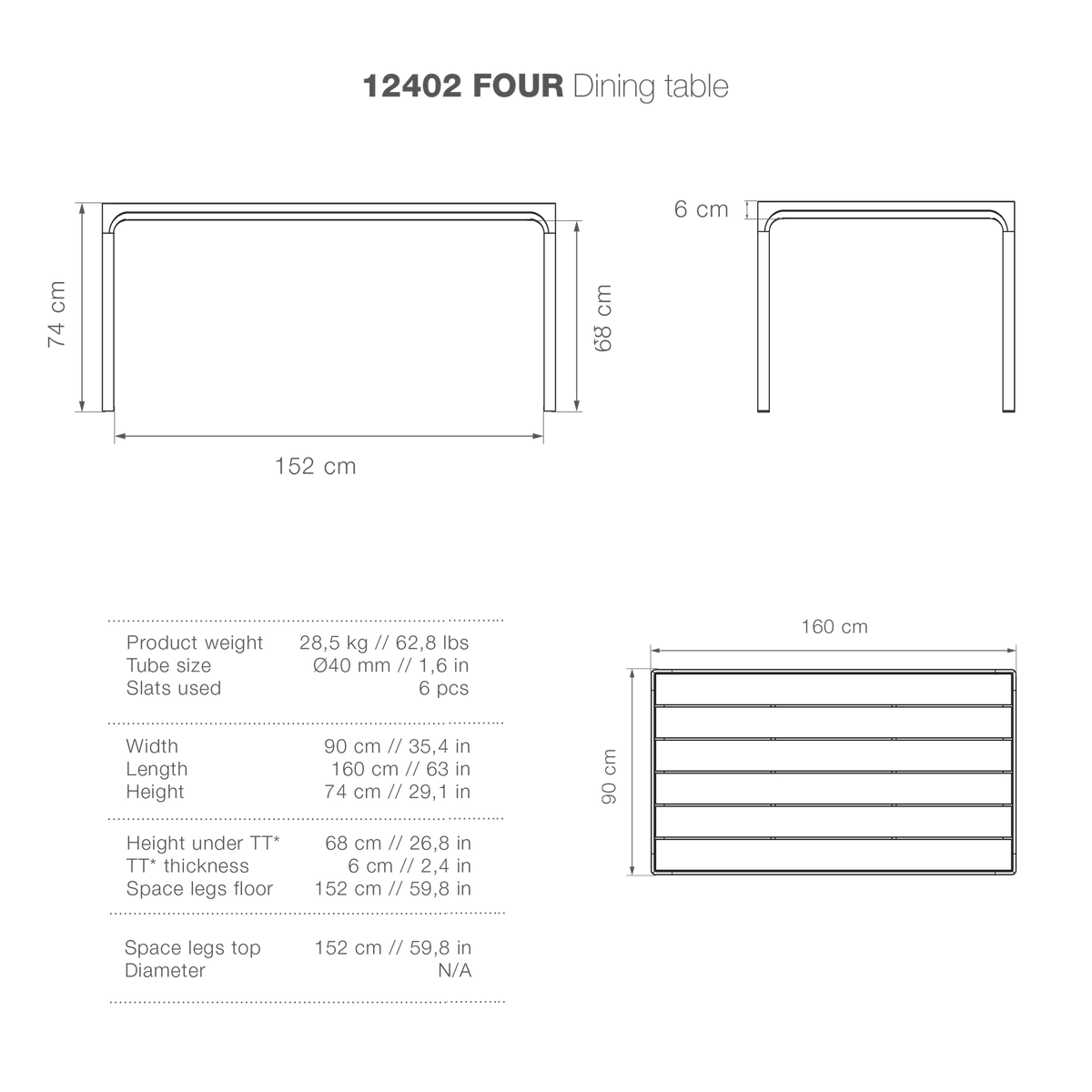 Four-person dining table, 90x160, high-res