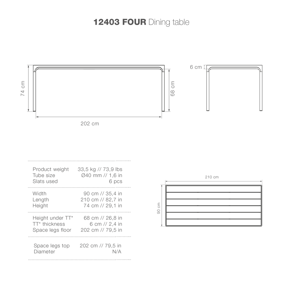 12403 FOUR Dining Table schematic 90x210cm