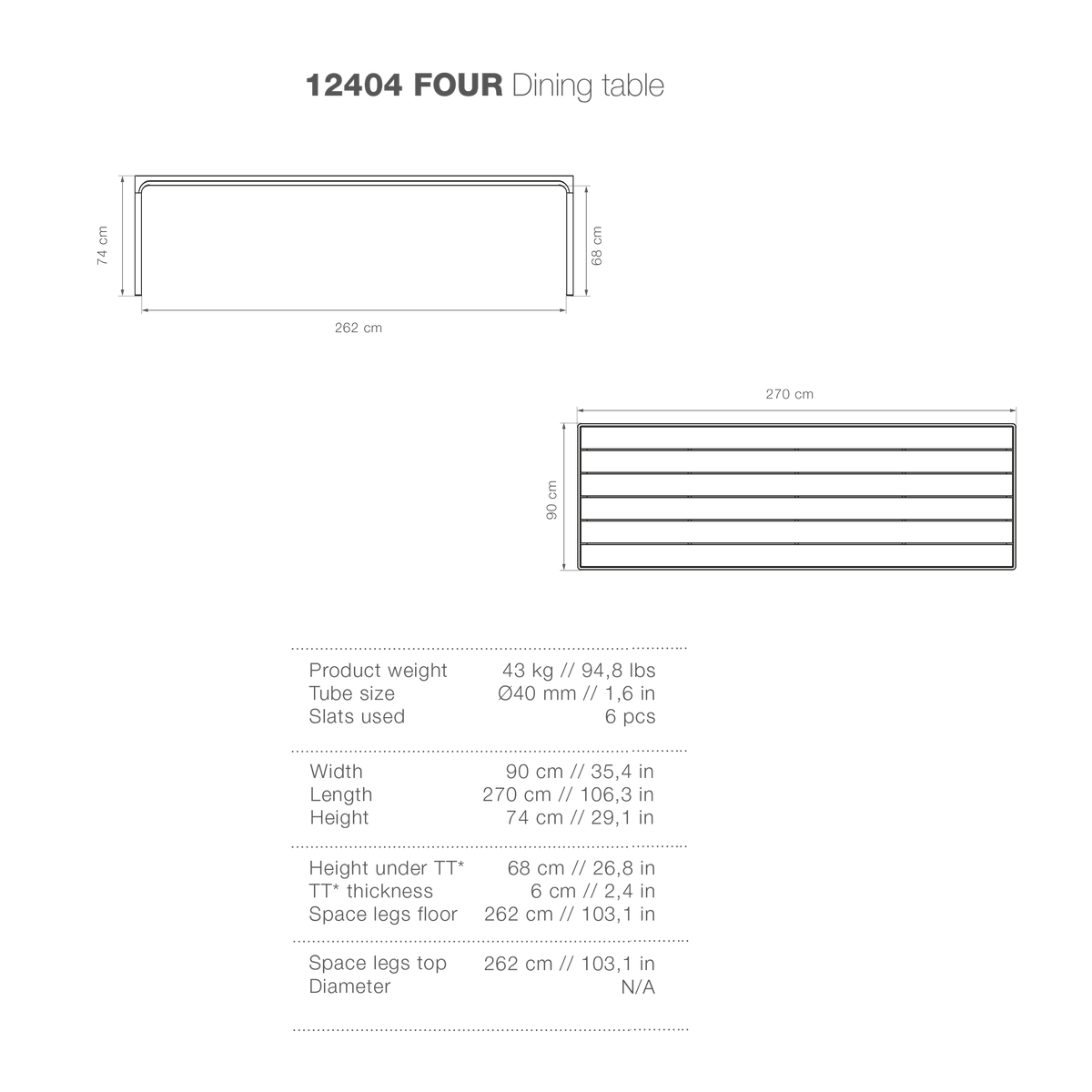 Dining table 90x270 dimensions, black rectangle, product details, FOUR