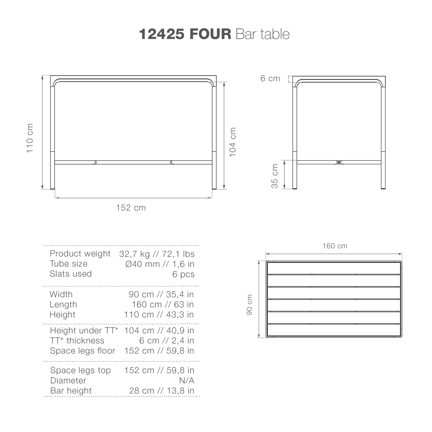 Bar table diagram, 90x160, with dimensions and design details.