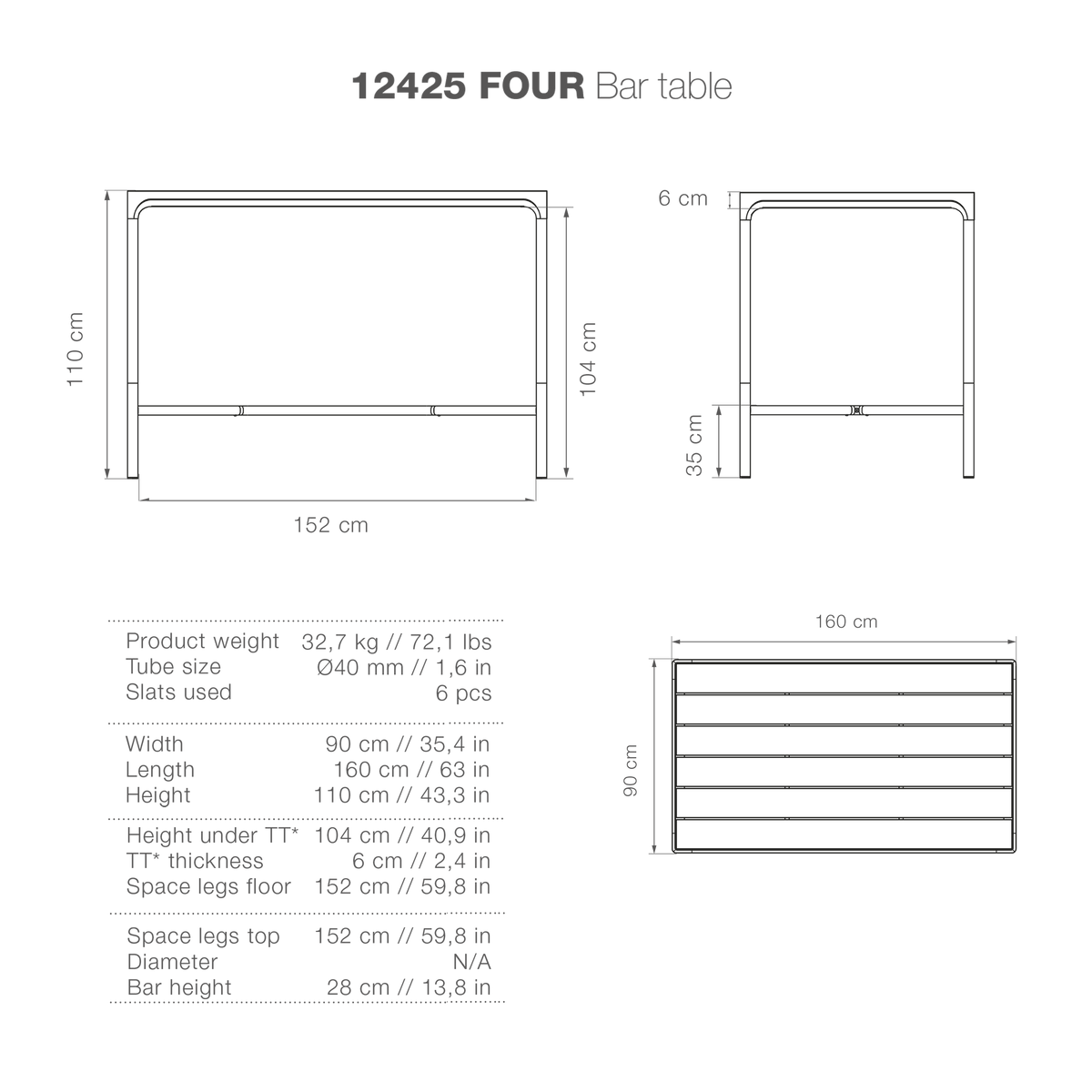 Bar table diagram, 90x160, with dimensions and design details.
