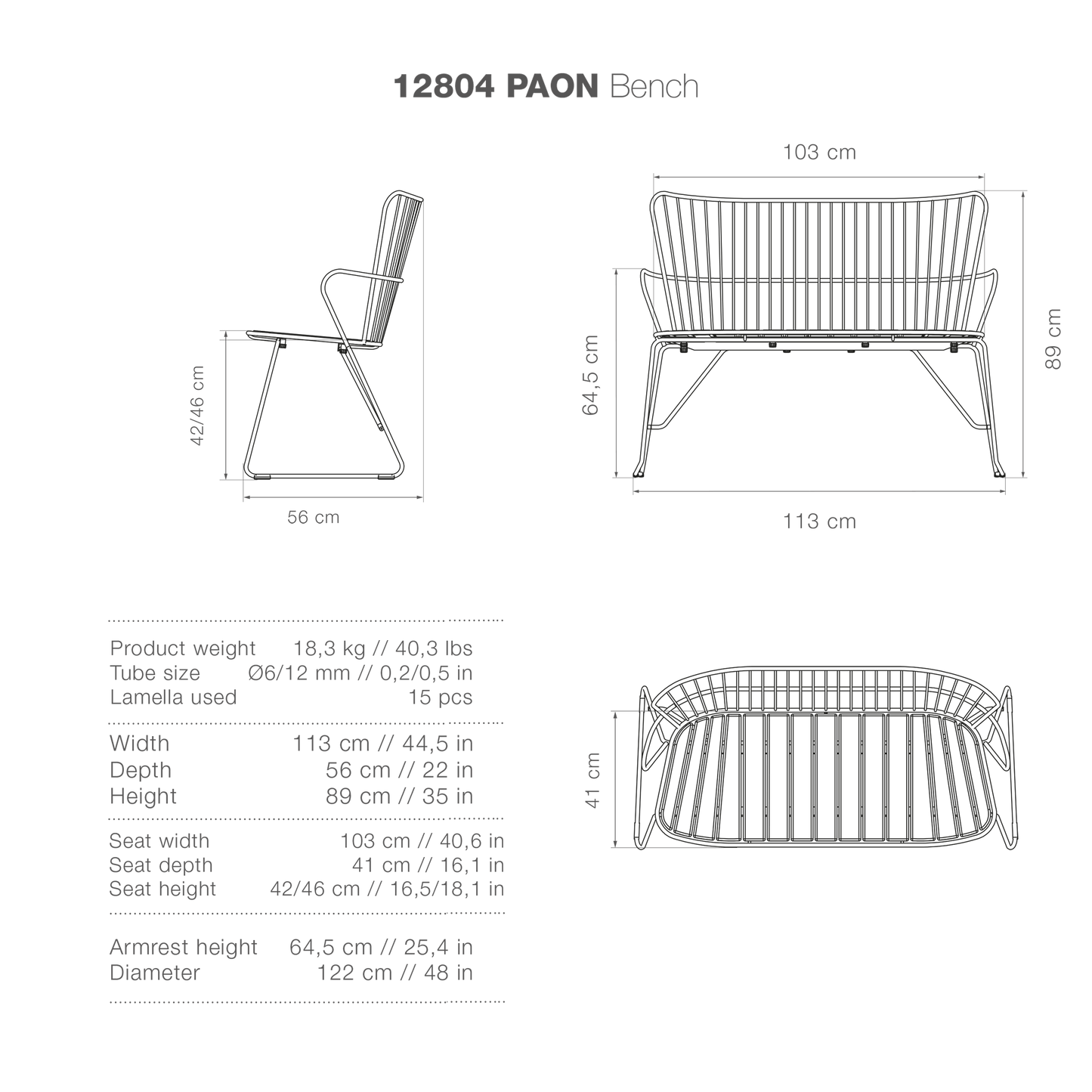 PAON Bench dimensions diagram