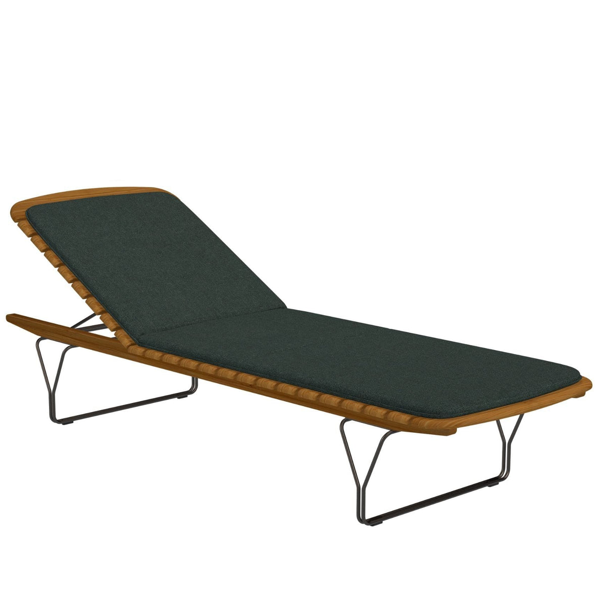 Outdoor chaise lounge with green cushion.