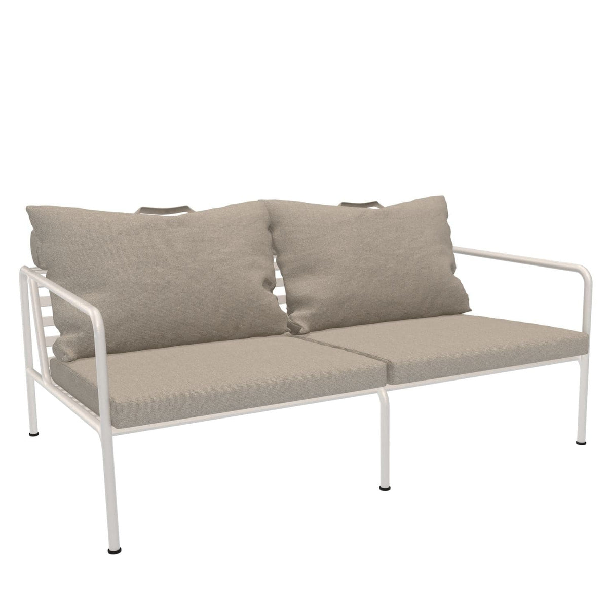 Two-seat outdoor sofa with beige cushions.
