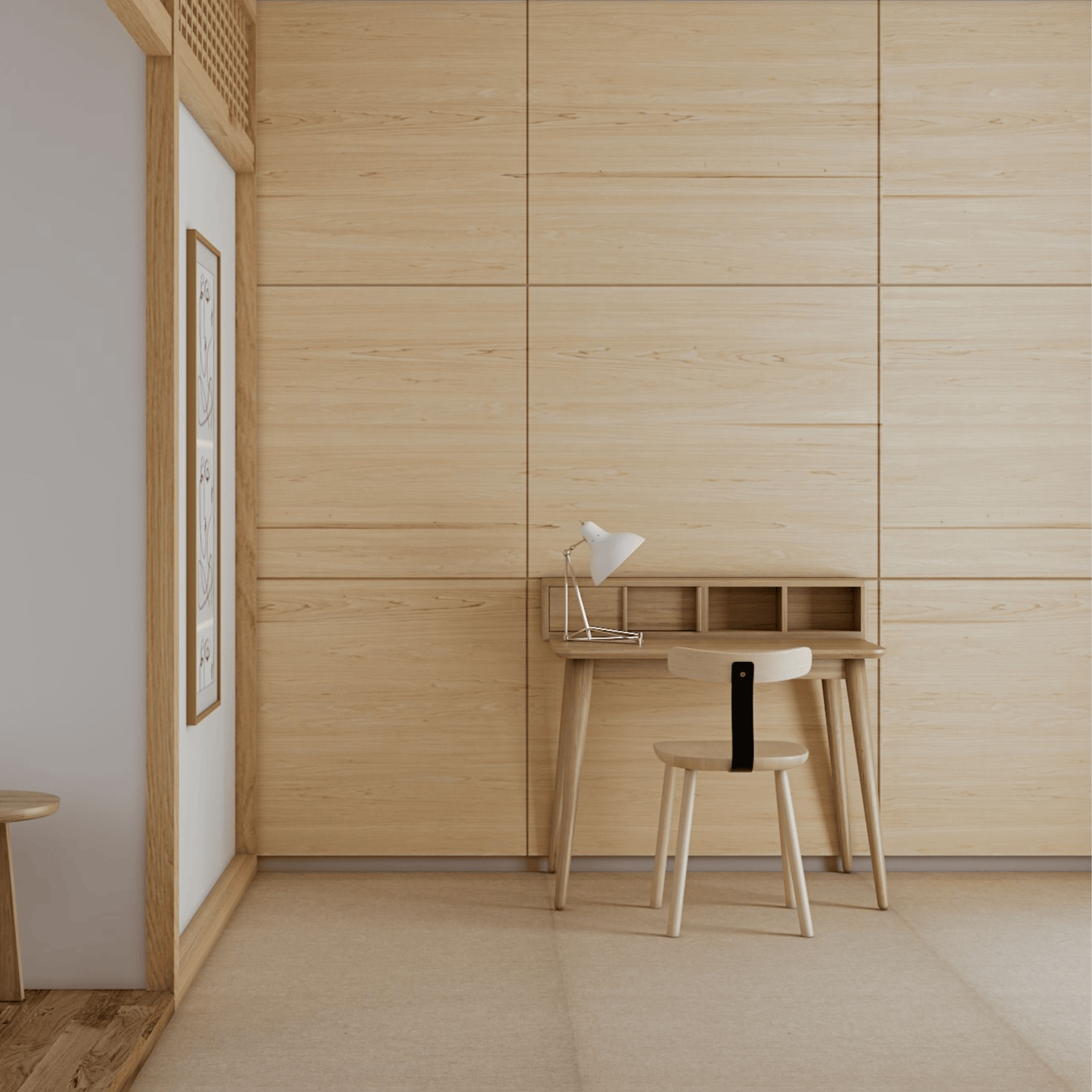 Wooden desk and stool in front of a wood-paneled wall.