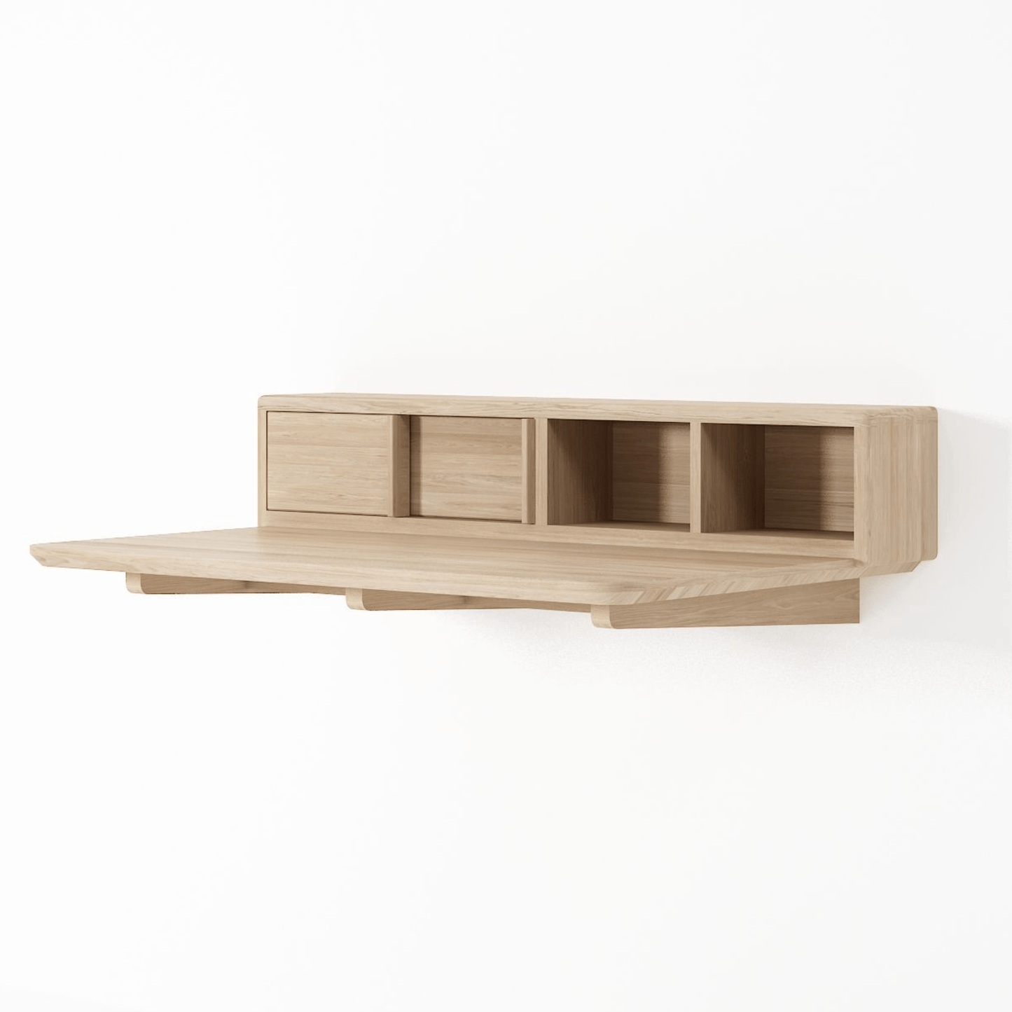 Wall-mounted wooden desk with drawers and shelves.