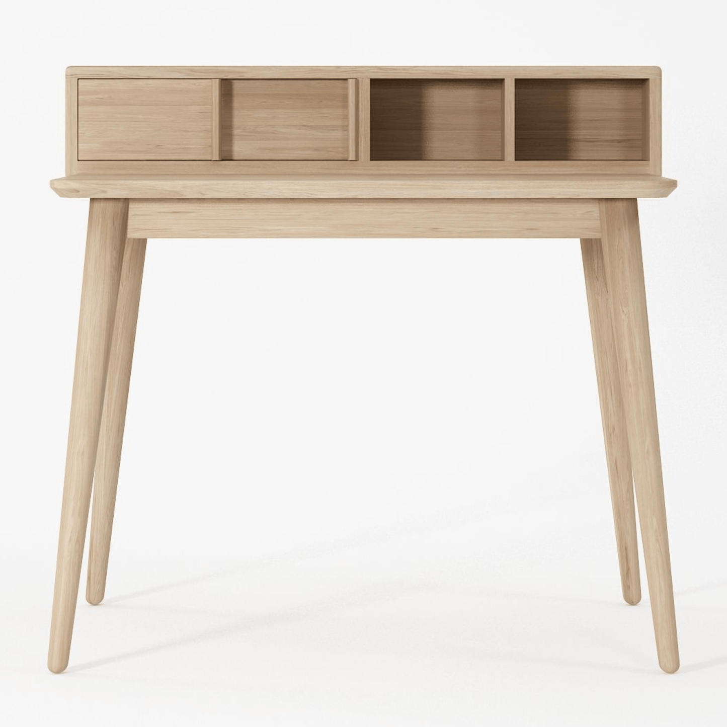Wooden desk with drawers and angled legs.