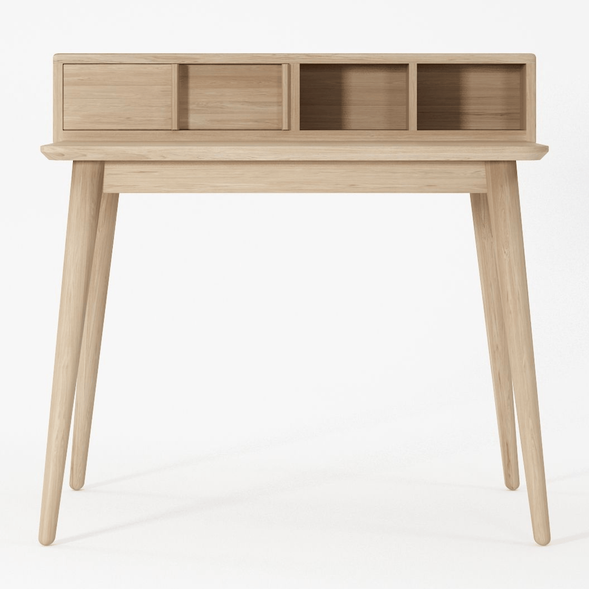 Wooden desk with drawers and angled legs.