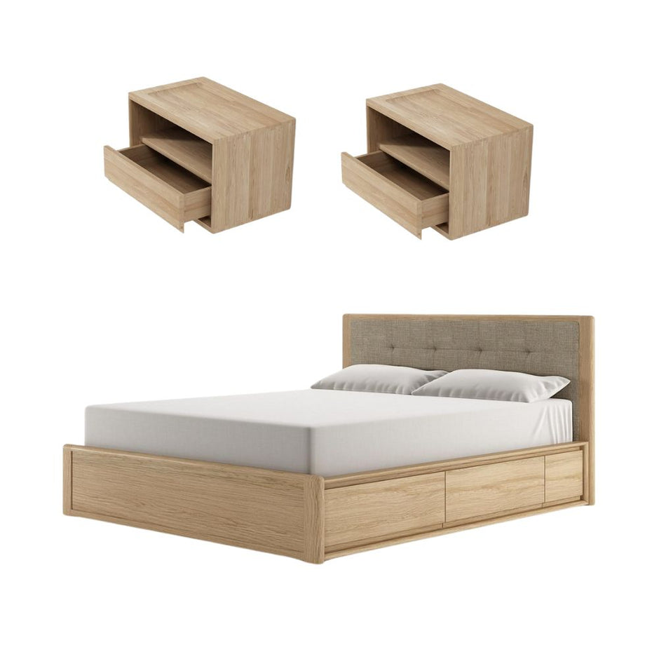 Circa Queen Bed with Storage and 2 Floating Bedside Tables - European Oak