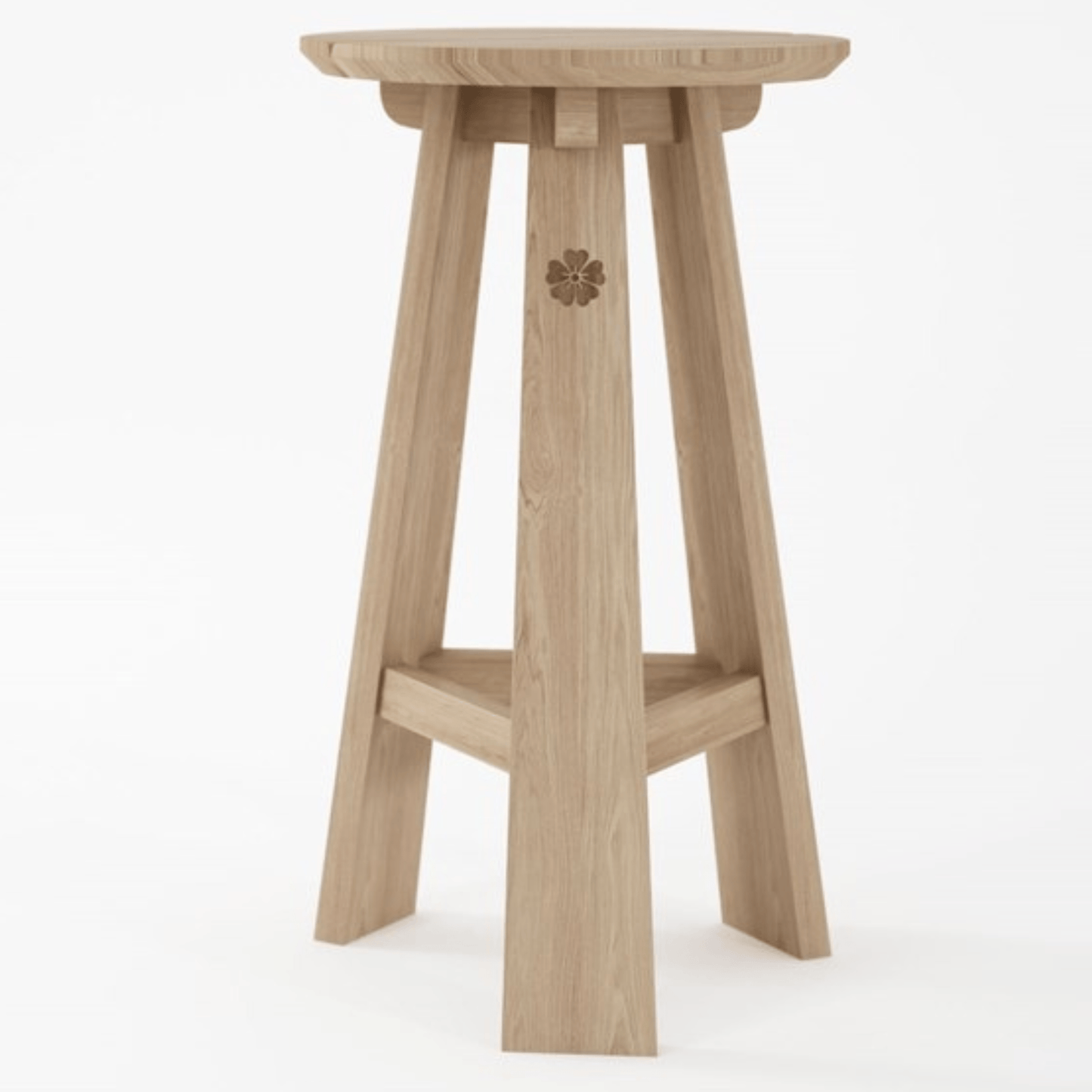Wooden bar stool with flower detail.