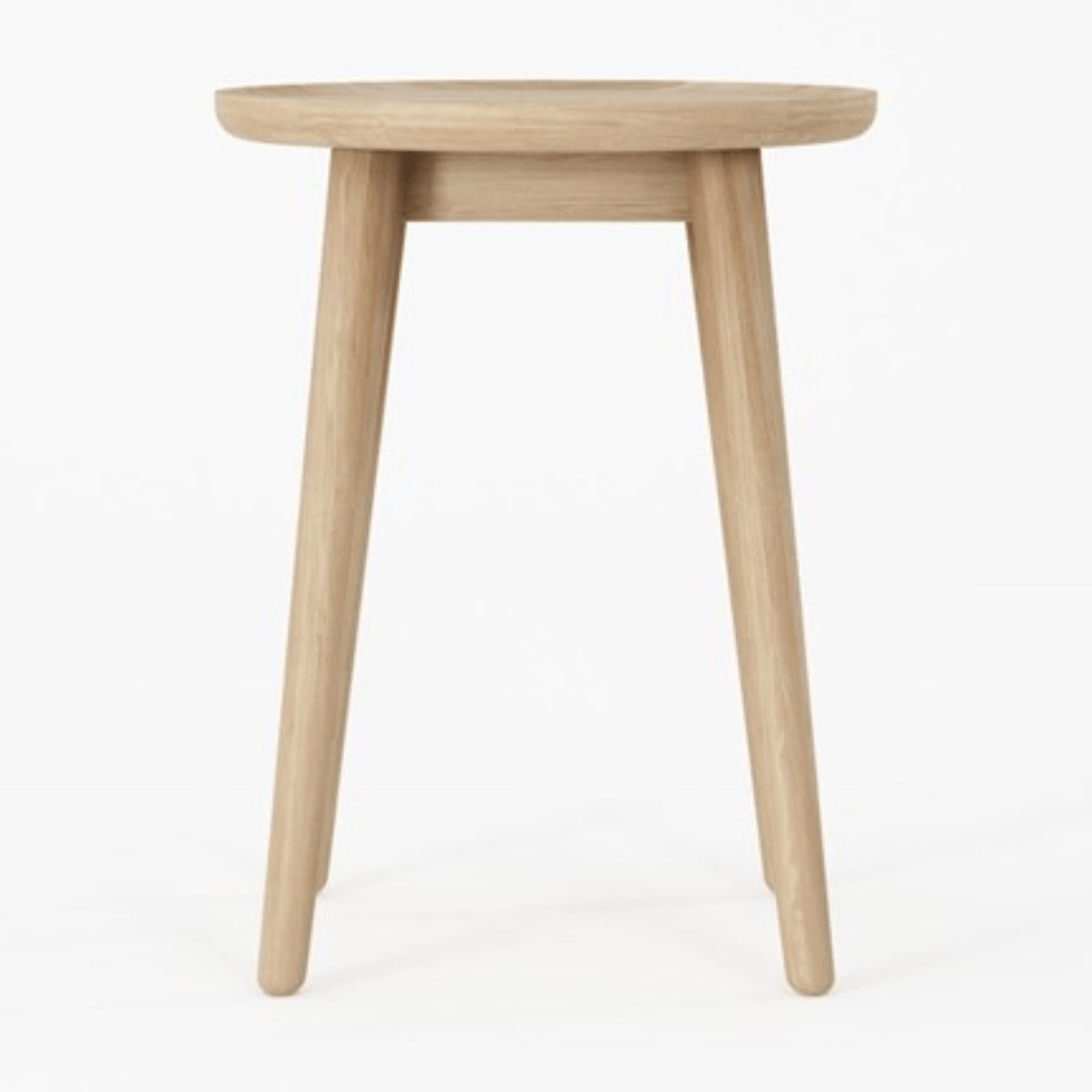 Wooden round side table on white background.