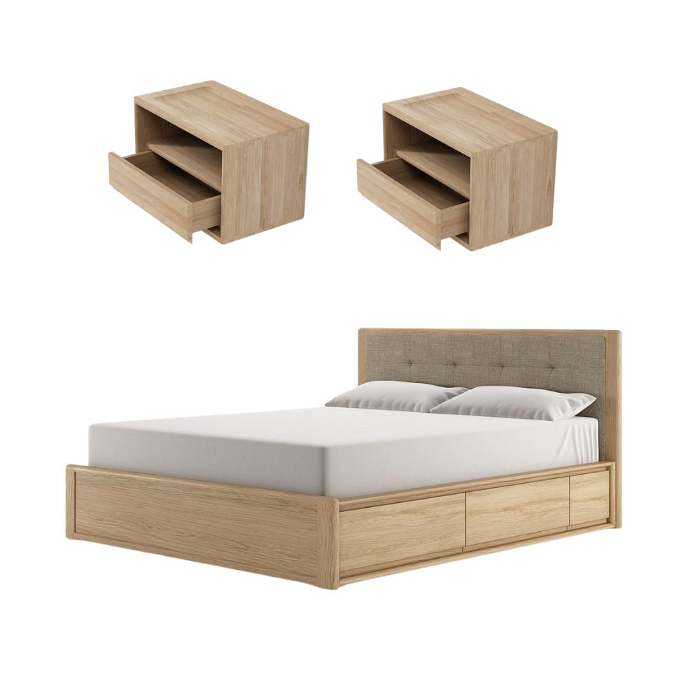 Circa King Bed with Storage and 2 Floating Bedside Tables - European Oak