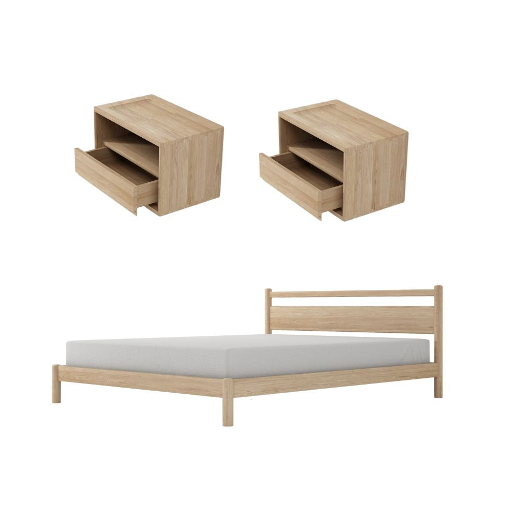 Taku Queen Bed with 2 Floating Bedside Tables - European Oak