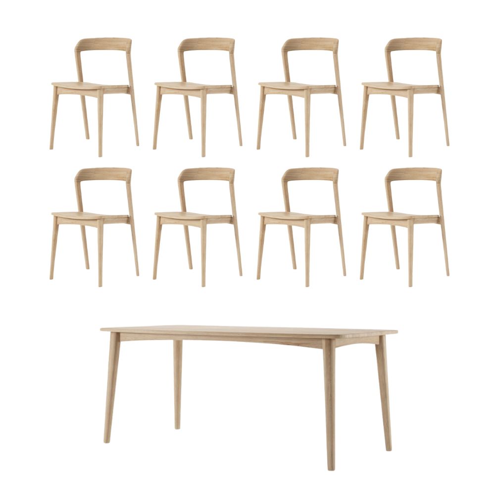 Grasshopper Dining Table (200cm) with 8 Bistro Dining Chairs - European Oak