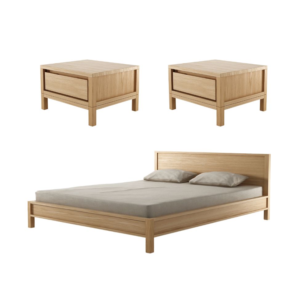 Solid Queen Bed with 2 Bedside Tables | European Oak