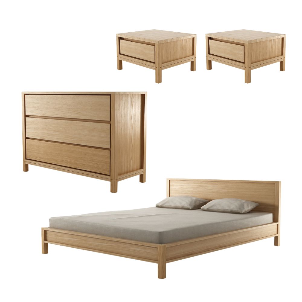 Solid Queen Bed with 2 Bedsides and Chest of Drawers - European Oak